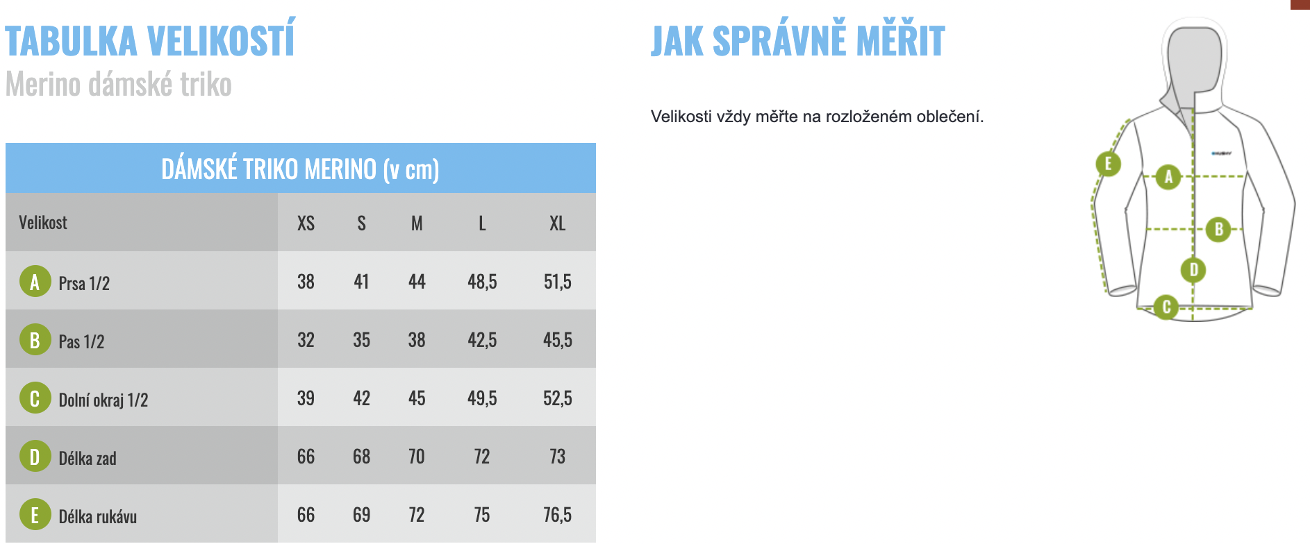 velikostni tabulka damskeho tricka Husky Merino dlouhyrukav